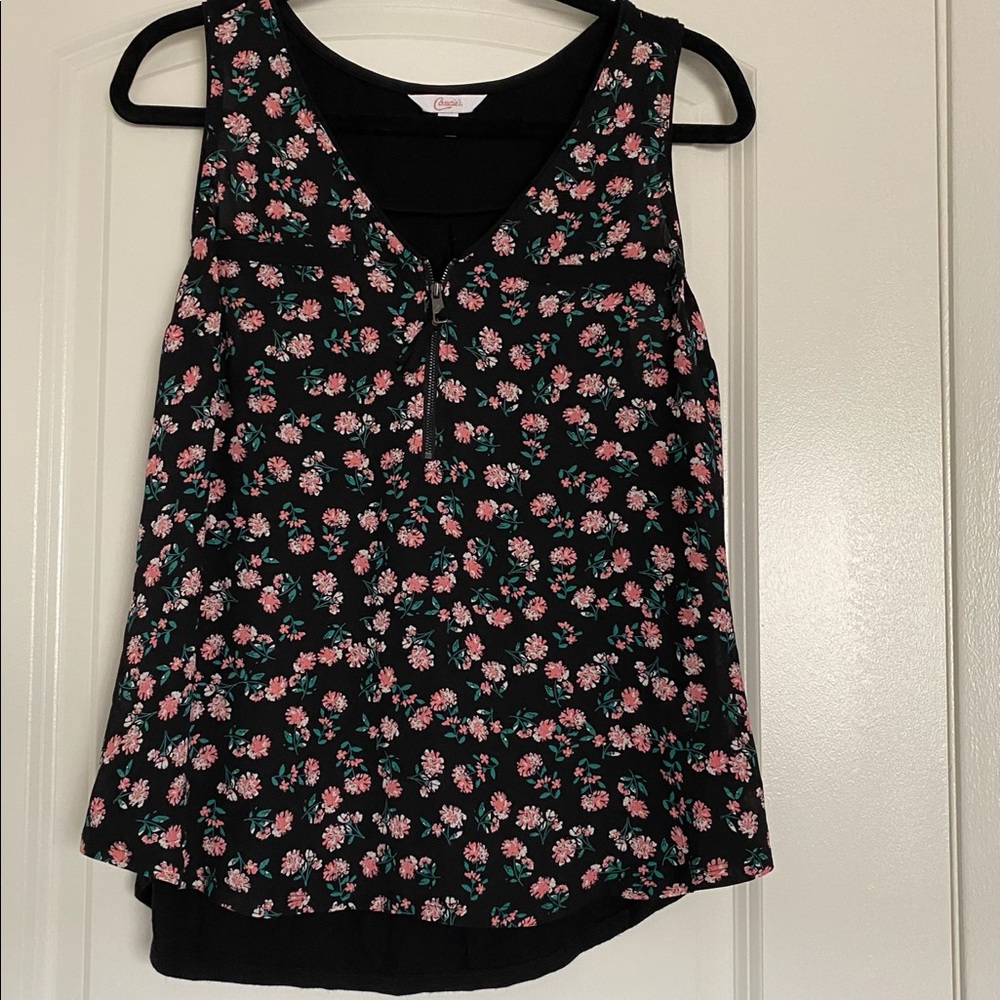 CANDIES BLACK FLORAL ZIP FRONT TANK TOP SIZE M